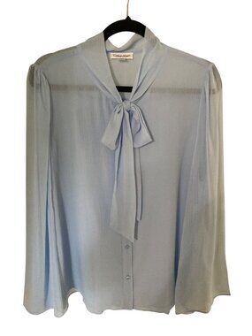 Calvin Klein White Front Tie Neck Blouse Blue Wide Open End Long  Sleeve  NWT